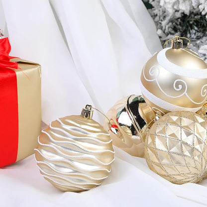 SHareconn 80mm Christmas Baubles,12PCS Colored Shatterproof Plastic Decorative Hanging Tree Decorations Baubles Set for Xmas Tree Decor Holiday Party Wedding Decoration with Lanyard,Gold & White