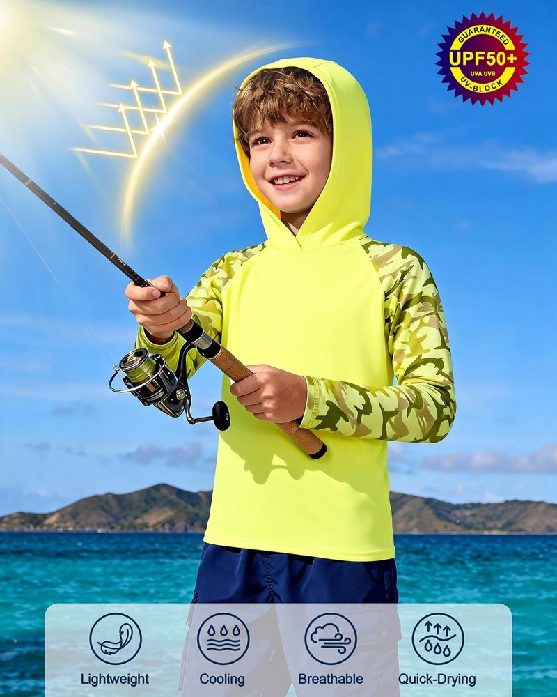 Boys Rash Guard Swim Hoodie - UPF 50+ UV Sun Protection Long Sleeve Fishing Shirt | Kids Water Shirt