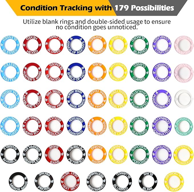 52 Unique DND Miniatures Condition Rings 92 PCS Status Effects Markers - Including 5 Customizable Blank Rings Ideal for Dungeons and Dragons &amp 5th Edition Best DND Gifts for DM