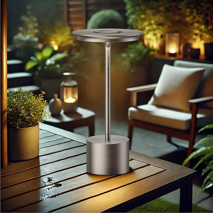 Cordless Table Lamp, Portable Rechargeable 6000mAh Outdoor Table Lamp, 3 Color Stepless Dimming Battery Powered Lamp, LED Table Light for Dinner/Bedroom/Restaurant/Outdoor (Silver)