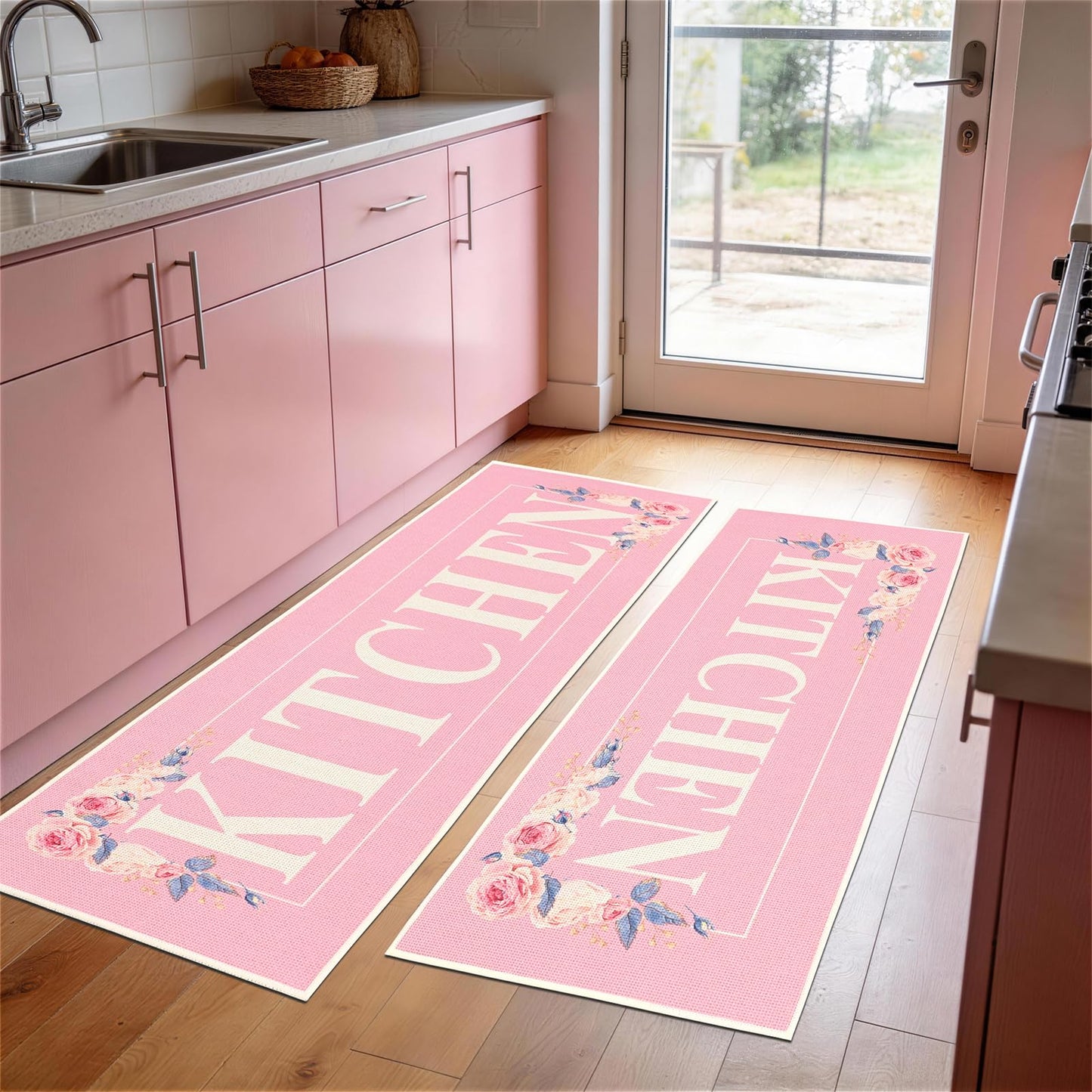 PCSWEET HOME Pink Floral Kitchen Rugs Mats for Floor 3PCS, Farmhouse Non Slip Kitchen Rug Runner, Washable Non Skid Kitchen Rugs, Comfort Standing Mat for Laundry, Desk, Bar, Office