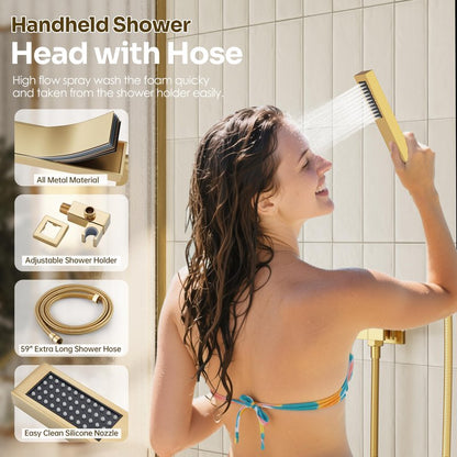 Gold Shower Faucet Set, Brushed Gold Shower System, 10'' Ceiling Shower Head and 6'' Wall Mounted ShowerHead, Dual Gold Shower Head with Handheld Combo, 3 In 1 Push Button Shower Diverter Valve