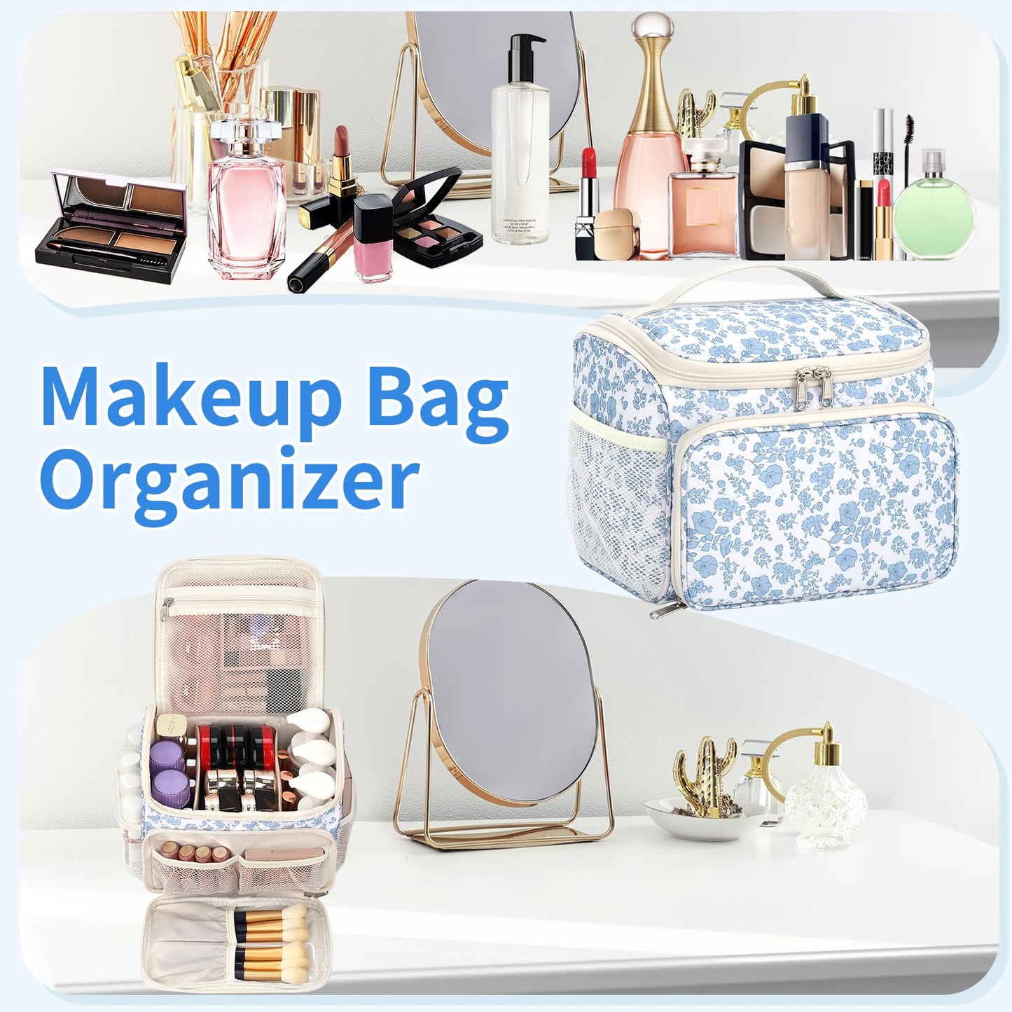 CUBETASTIC Travel Makeup Bag, Floral Make Up Bag with Brush Compartment, Vertical Storage Toiletry Bag with Partitions, Large Make Up Pouch for Women, Portable Makeup Case with Multi-Pockets