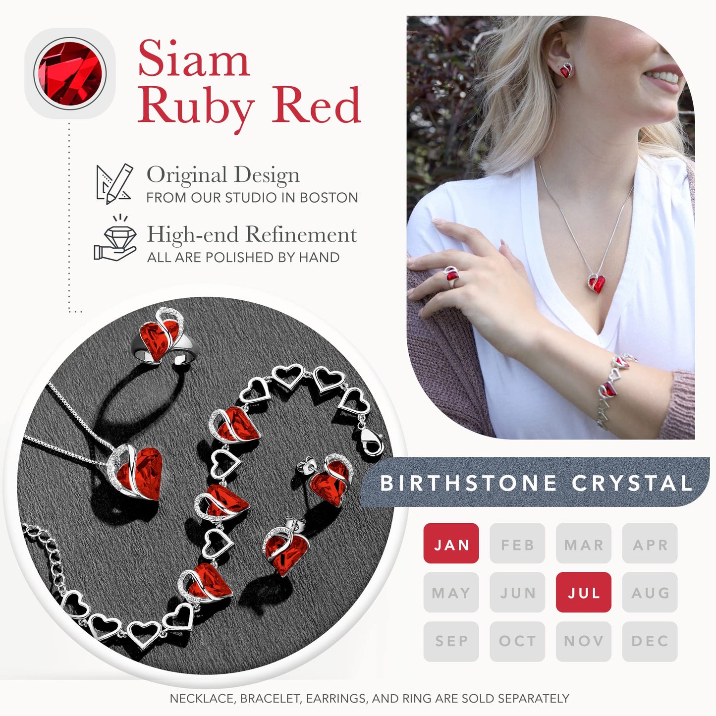 Leafael Infinity Love Heart Gift Bracelet for Women, January & July Birthstone Crystal, Siam Ruby Red, Silver Tone Birthday Jewelry for Her, Mom, and Wife, 7-inch Chain and 2-inch Extender