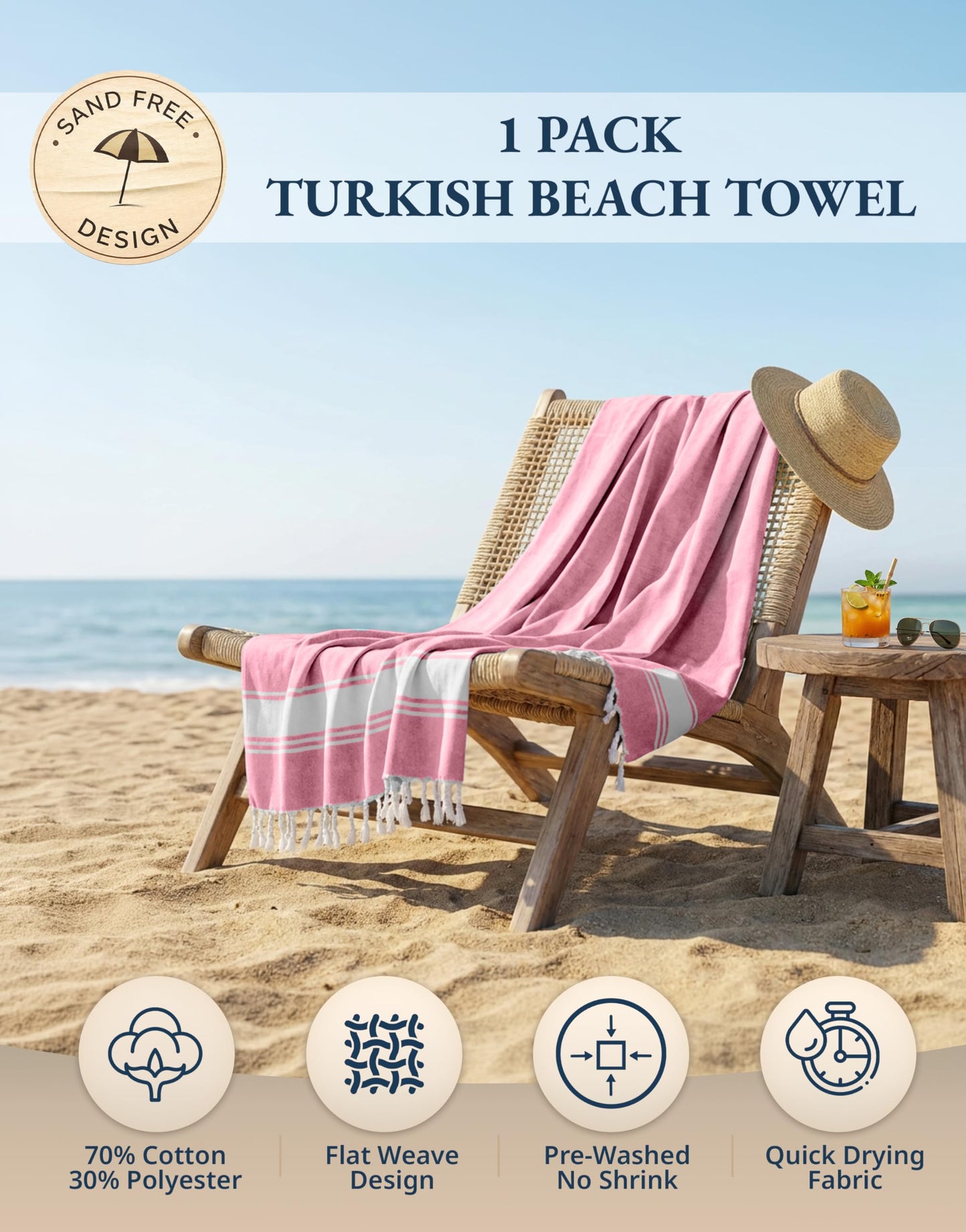 LANE LINEN Large Beach Towel, Turkish Towel, Lightweight Beach Towels for Adults, 39"x71" Oversized Pool Towels, Absorbent, Quick Dry, Durable Sand Proof Beach Towel, 39"x71" - Candy Pink