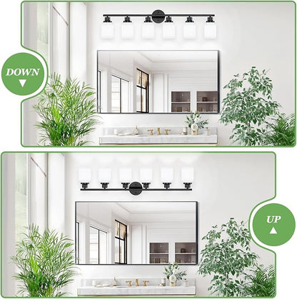 6-Light Bathroom Light Fixtures, Vanity Lights for Mirror with Textured Milky White Glass Shade, E26 Base Modern Kitchen Light Fixtures Wall Sconce Light - Black