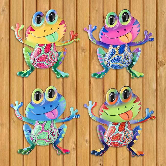 Metal Frog Wall Decor, 4Pcs Frog Iron Wall Art Sculptures Art Frogs Wall Hanging Sculpture Decoration. Outdoor Fence Art for Home Garden, Fence, Patio, Yard, Bedroom Outside Gifts for Adults