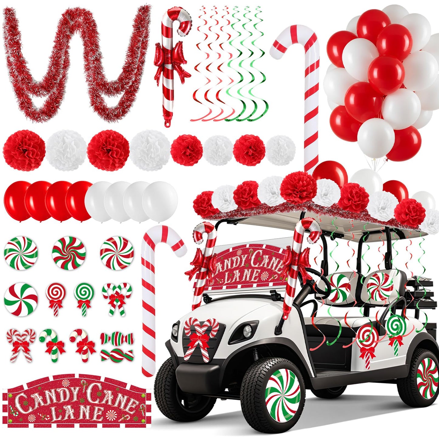 Soulchen 100 Pcs Christmas Golf Cart Decorations Xmas Candy Canes Lollipop PVC Decor Inflatable Red Tinsel Garlands Banner Red Hanging Swirls Tissue Paper Pompoms for Golf Cart Party Supplies Decor
