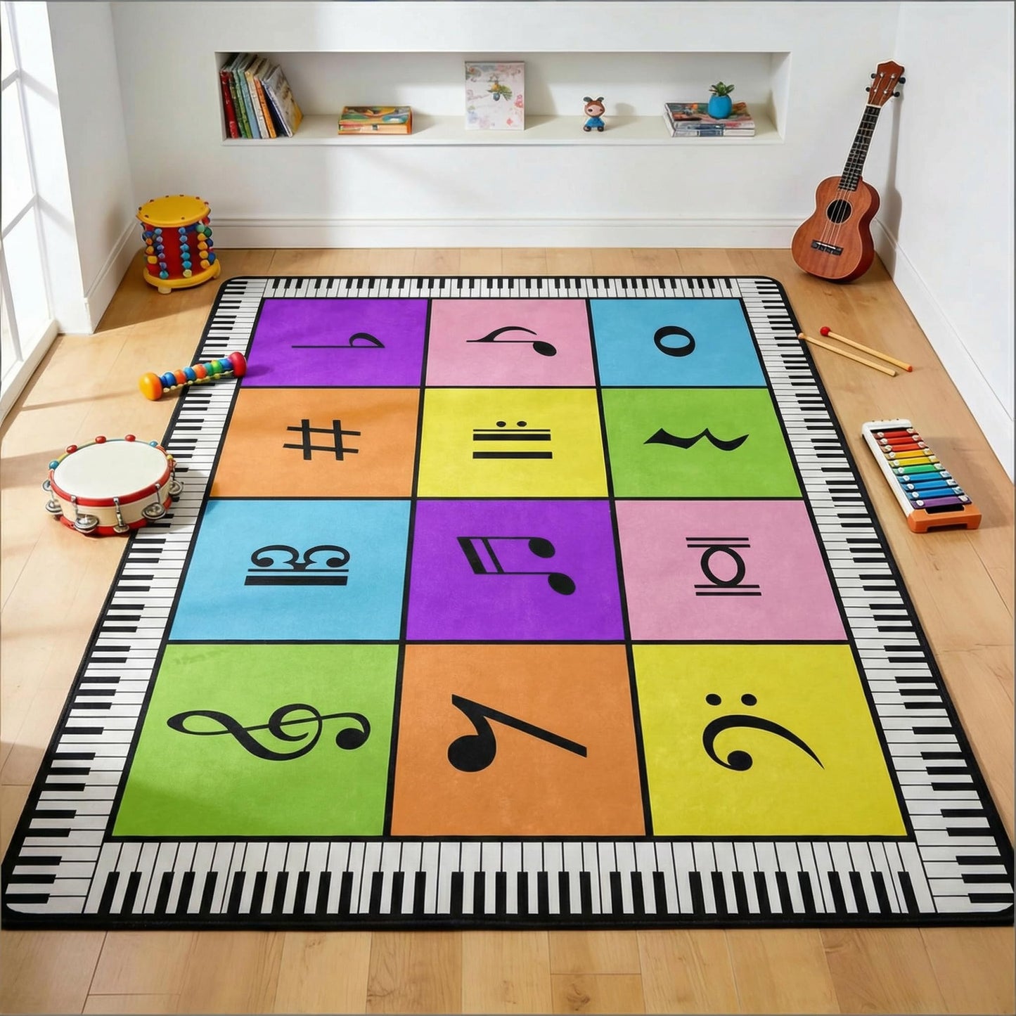 ALALAL Colorful Music Note Rug, Classroom Seating Rug with 12 Seats - 5x7 Ft Kids Playmat Rugs with Rubber Backing, Educational Carpet for Preschool Bedrooms Game Room Music Studio