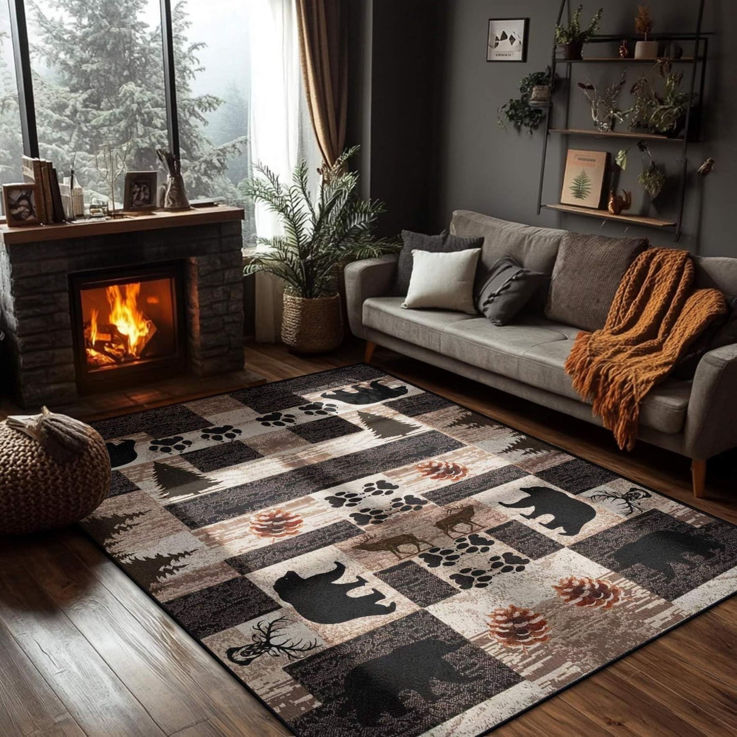 Fouiunler Rustic Lodge Cabin Area Rug 3x4ft Native Western Country Bear Elk Deer Rugs,Forest Hunting Woodland Carpet,Living Room Decoration Pet Friendly Rug Non Slip Washable Rugs for Indoor