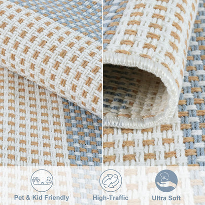 LEEVAN Striped Outdoor Rug 4x6, Washable Front Porch Rug, Spring Plaid Door Mats Outside Entrance, Blue White and Tan Entryway Floor Mat, Buffalo Woven Patio Layered Mat for Entrance/Deck/Camping