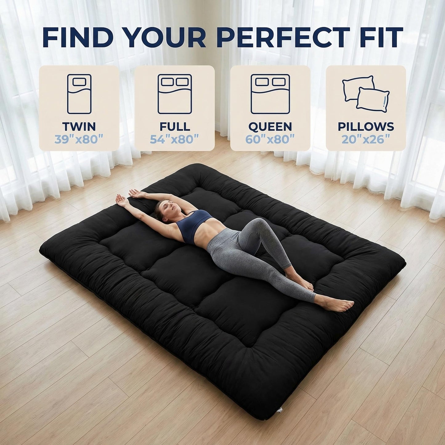 Cosovia Japanese Floor Mattress Futon Mattress, 3.5 Inch Thick Foldable Roll Up Tatami Mat with 2 Pillow Covers, Twin Size Floor Bed for Guest Room Dorm Camping Kids, Black
