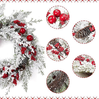 Christmas Wreath, 18 Inch Snow Flocked White Winter Wreath with Pine Cones Berries Apples for Front Door Fireplace Table Centerpiece Holiday Home Indoor Outdoor Decoration
