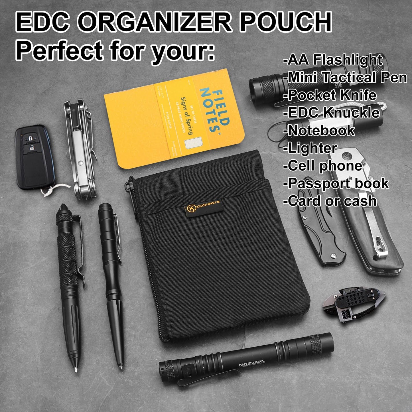 Kosibate EDC Pouch with Notebook Slot, EDC Organizer for Knife, Flashlight, Passport, Pen, Card - Men's Slim Pocket Organizer for Daily Carry, Fits 3.5 x 5.5 Inch Notebook (Black)