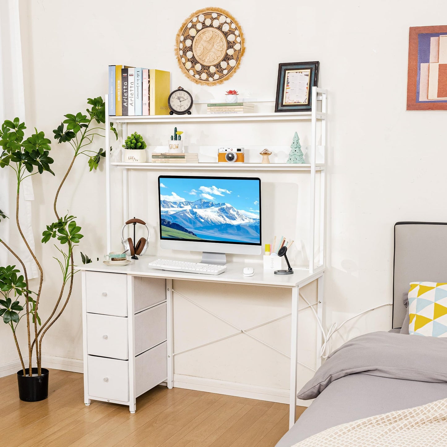 Aquzee Computer Desk with Drawers, 47 inch Desk Hutch, Gaming Desk with Storage Shelves, Power Outlets & Bookshelves, Study Writing Desks for Bedroom Living Room Home Office, White