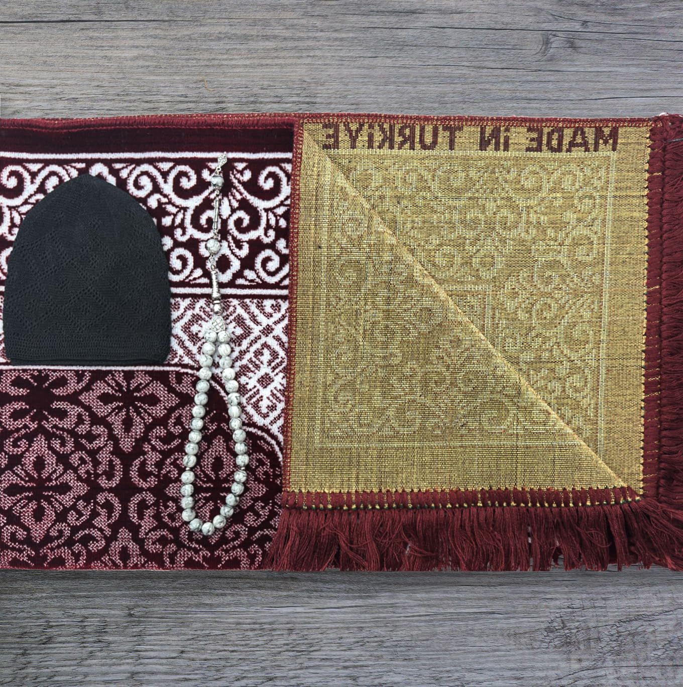 ESERRA Velvet Prayer Mat All in One Set for Islam - Thick Muslim Prayer Rug, Black Kufi Hat, Jasper Stone 33 Prayer Beads, Cotton Travel Case - Islamic Gifts (Red)