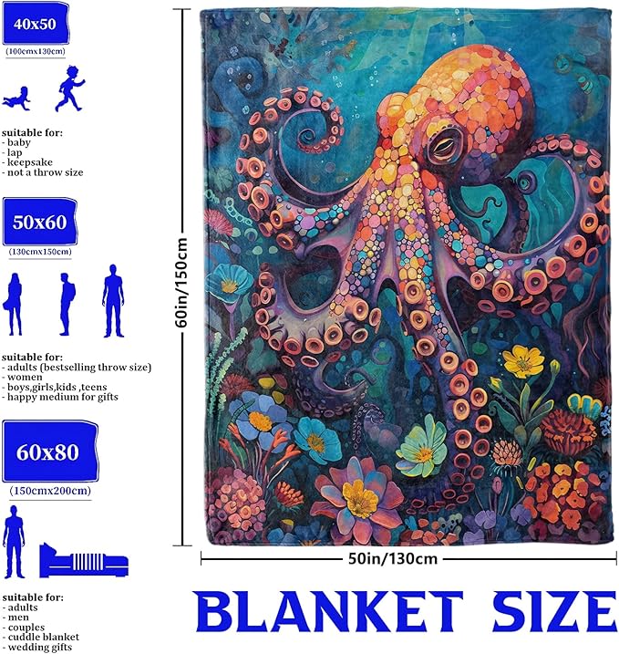 Underwater Octopus Throw Blanket for Boys Girls Kids Adults Women, Fuzzy Warm Soft Cozy Flannel Blankets Gifts for Bedroom, Couch, Travel, Home Decor 40x50 in