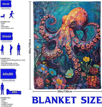 Underwater Octopus Throw Blanket for Boys Girls Kids Adults Women, Fuzzy Warm Soft Cozy Flannel Blankets Gifts for Bedroom, Couch, Travel, Home Decor 50x60 in