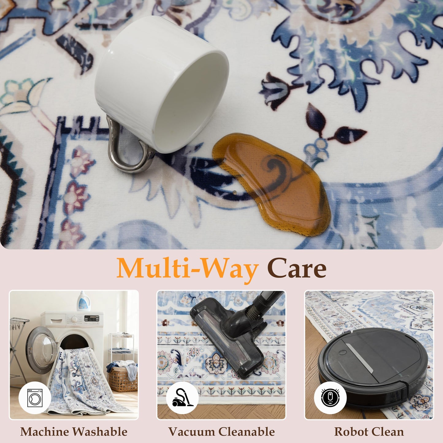 KENODITAN 9x12 Area Rug Living Room Rugs, Stain Resistant Washable Rug, Vintage Large Non-Slip Backing, Low Pile Lightweight Print Rug for Bedroom Dinning Room Home Office (White/Blue)