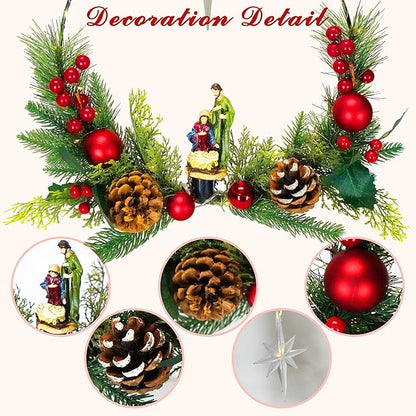 2Pack Nativity Wreaths for Front Door with Lights & Remote, Holy Family Nativity Statue & Star of Bethlehem Christmas Decor, 16'' Windows Wreaths, Fireplace Decorations