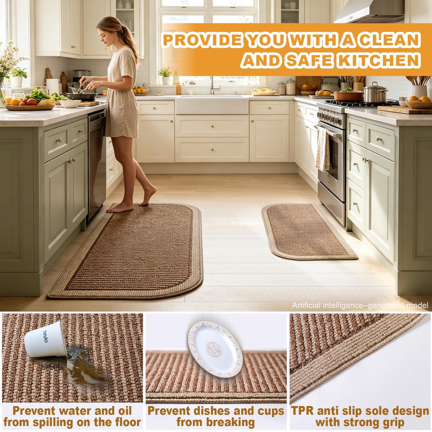 IGTXJORH Kitchen Rugs Set of 2, Non Slip Absorbent Washable Floor Mats Kitchen Runner Rugs, Half Moon Standing Runner Rug for Kitchen Sink and Laundry, 20"x32" + 20"x48", Brown