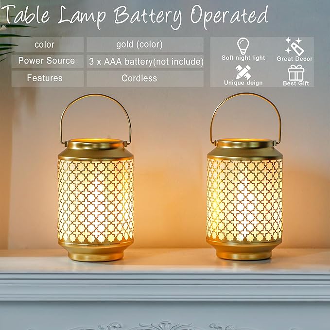 TRIROCKS Set of 2 Battery Operated Lamp 7.5'' High Cordless Decorative Lamp Metal Table Lamps with LED Bulb for Home Living Room Weddings Parties Patio Events Outdoors Indoors Shelf (Gold)
