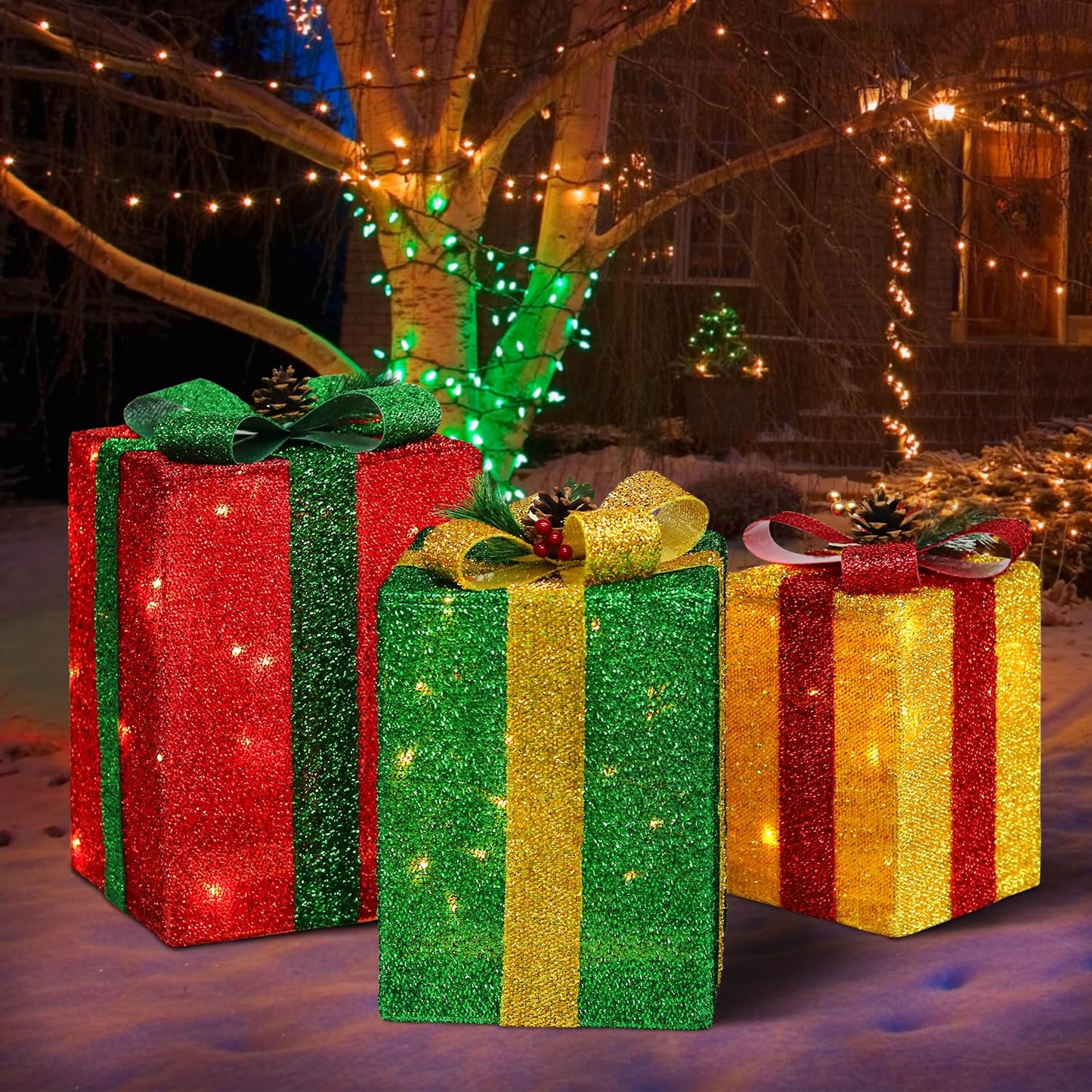 DomKom Set of 3 Tall Rectangular Christmas Lighted Gift Boxes - 60 LED Lighted Christmas Box - Light Up Xmas Tree Skirt Ornament Outdoor/Indoor Vertical Yard & Porch Decor