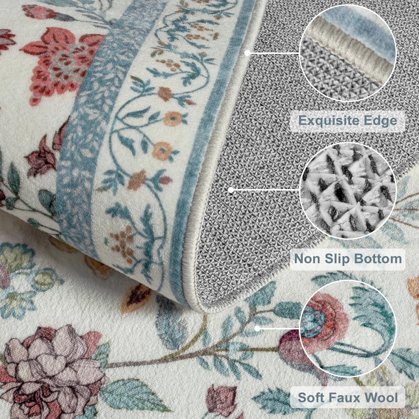 Rugalia Blue Floral Round Rugs 4ft, Washable Boho Circle Rug for Girls Bedroom, Soft Non-Slip Botanical Nursery Circular Carpet, Modern Flower Birds Throw Rug for Kids Room Living Room