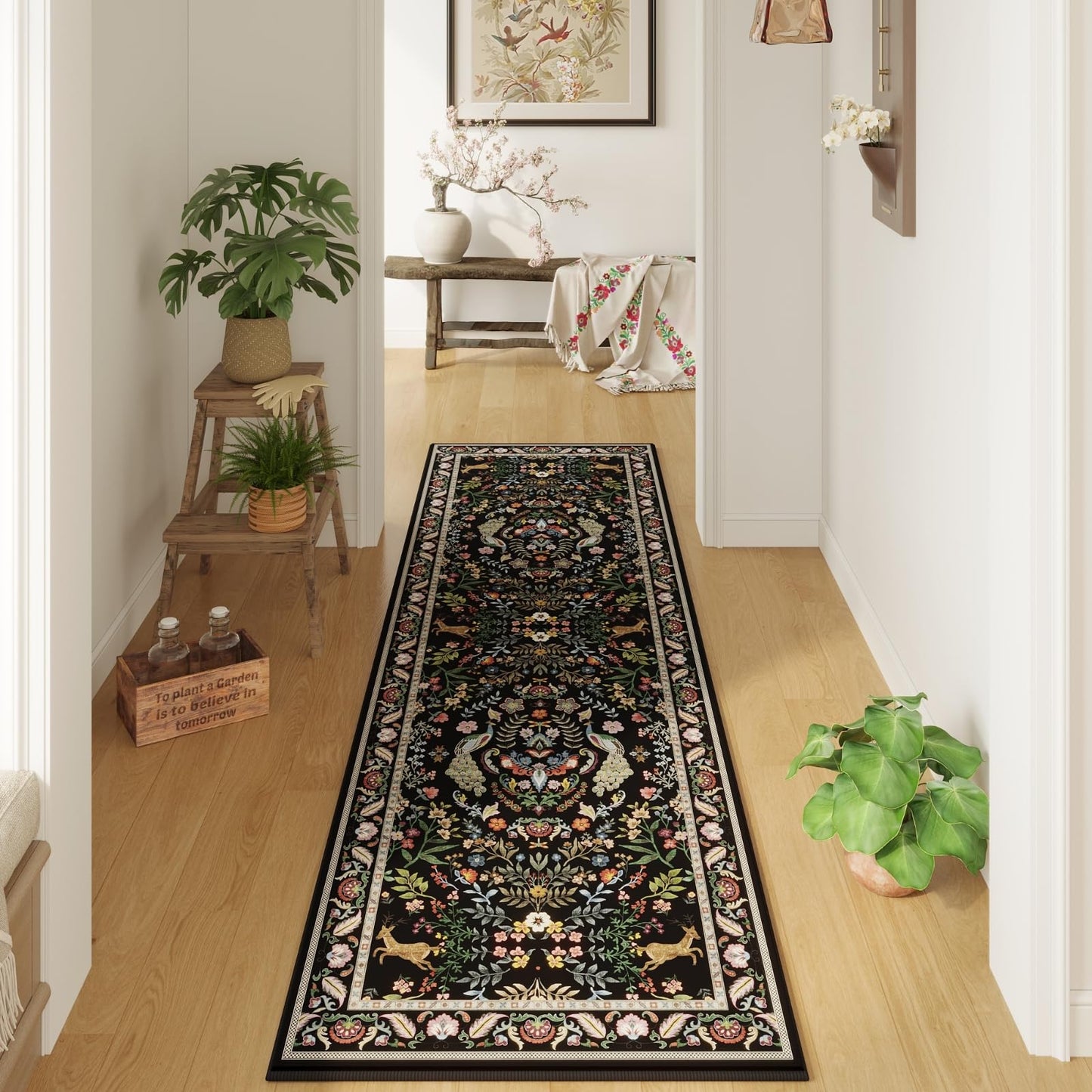 Runner Rug Washable Kitchen 2'6''x8' Rug for Entryway Indoor Floral Non-Slip Soft Carpet Runner for Hallways, Kitchen, Laundry, Bedroom, Bathroom (Vibrant Black)