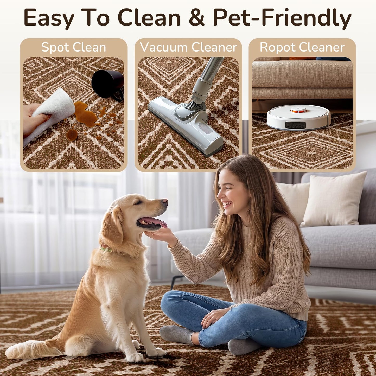 BESTSWEETIE Area Rug 4x6 Rug Machine Washable Non-Slip Low Pile Print Pattern Western Rug for Living Room Bedroom Entryway Tribal Series -Yellowbrown/Cream