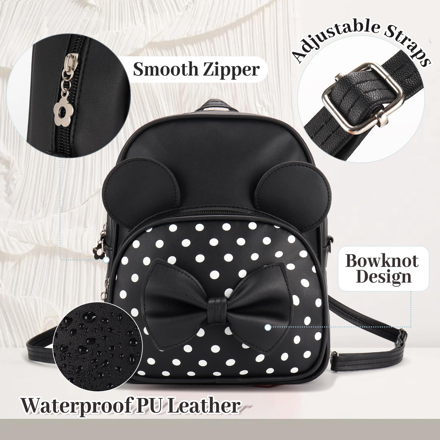 Coziyee Mini Backpack for Girls Women Cute Bowknot Polka Dot Small Mouse Backpack for Kid Toddler Purse Shoulder Bag Daypacks (Black)