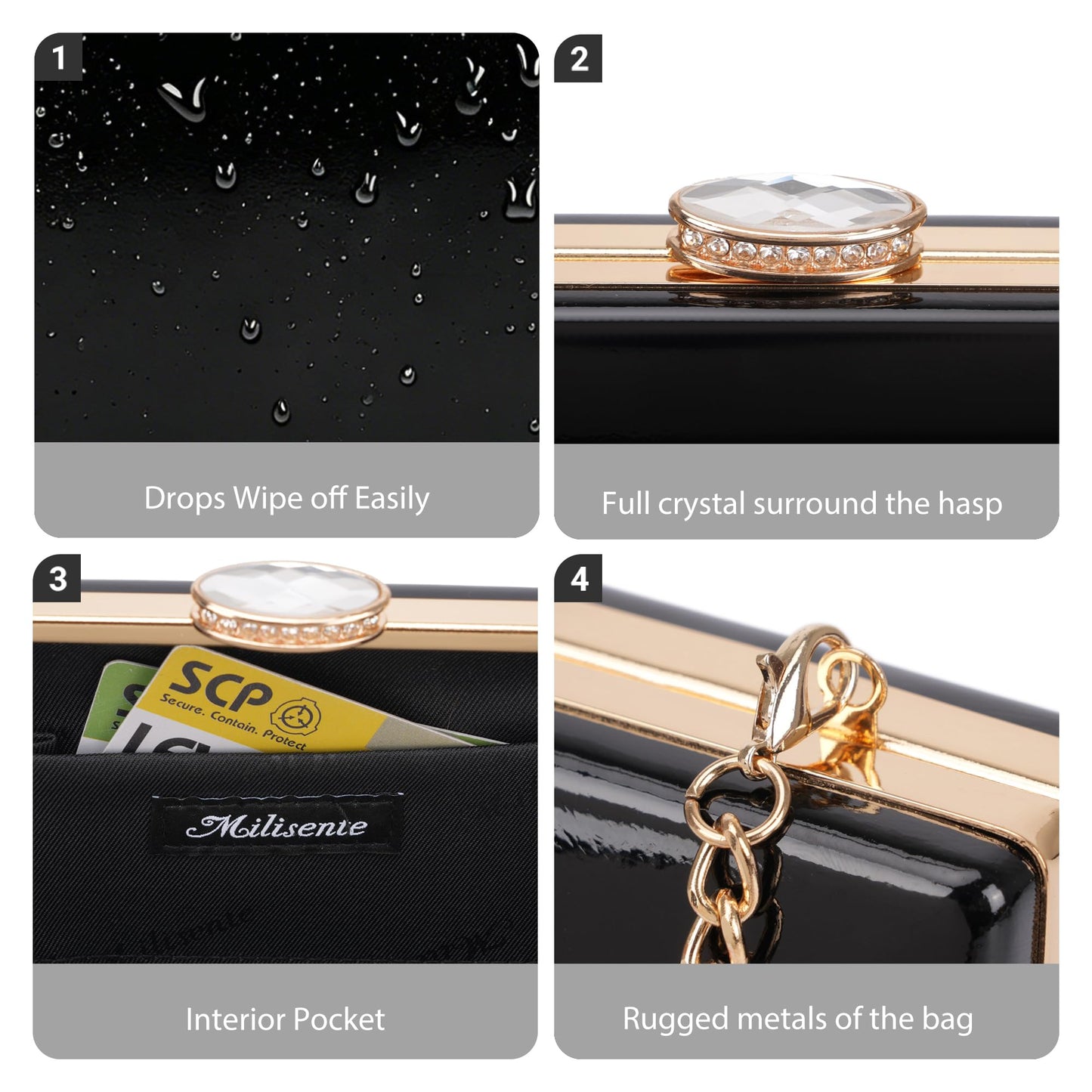 Milisente Patent Leather Clutch Purses for Women Glossy Evening Bag For Wedding Cocktail Party With Detachable Chain(Black)