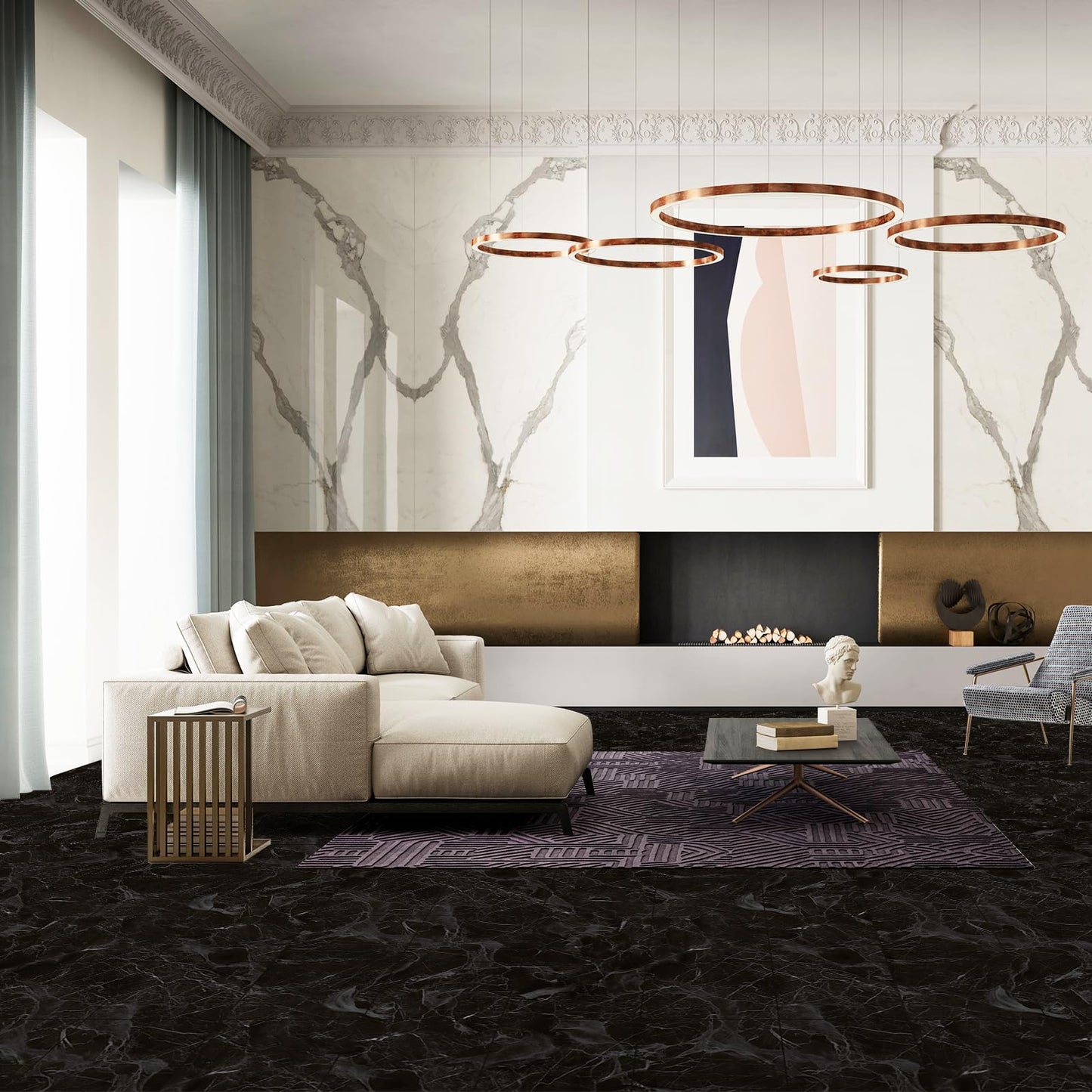 Oxdigi Vinyl Floor Tiles Peel and Stick 23"x 118"/19 Sq.Ft, Thicken Self Adhesive Vinyl Flooring Roll Marble Pattern Waterproof DIY Floor Coverings for Bathroom Living Room Kitchen, Black Marble