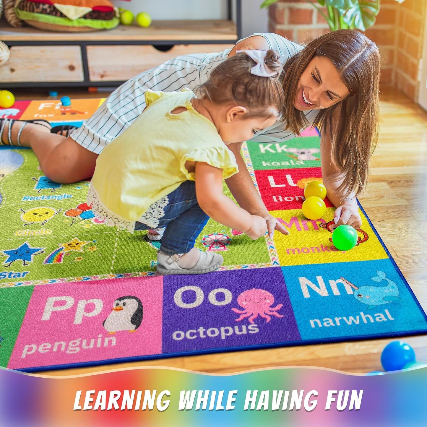 Macgace ABC Kids Rug for Playroom, 4x6 Washable Classroom Area Rugs, Toddler Educational Play Mat with Alphabet Numbers Seasons Shapes, Learning Fun for Preschool Children, Colorful