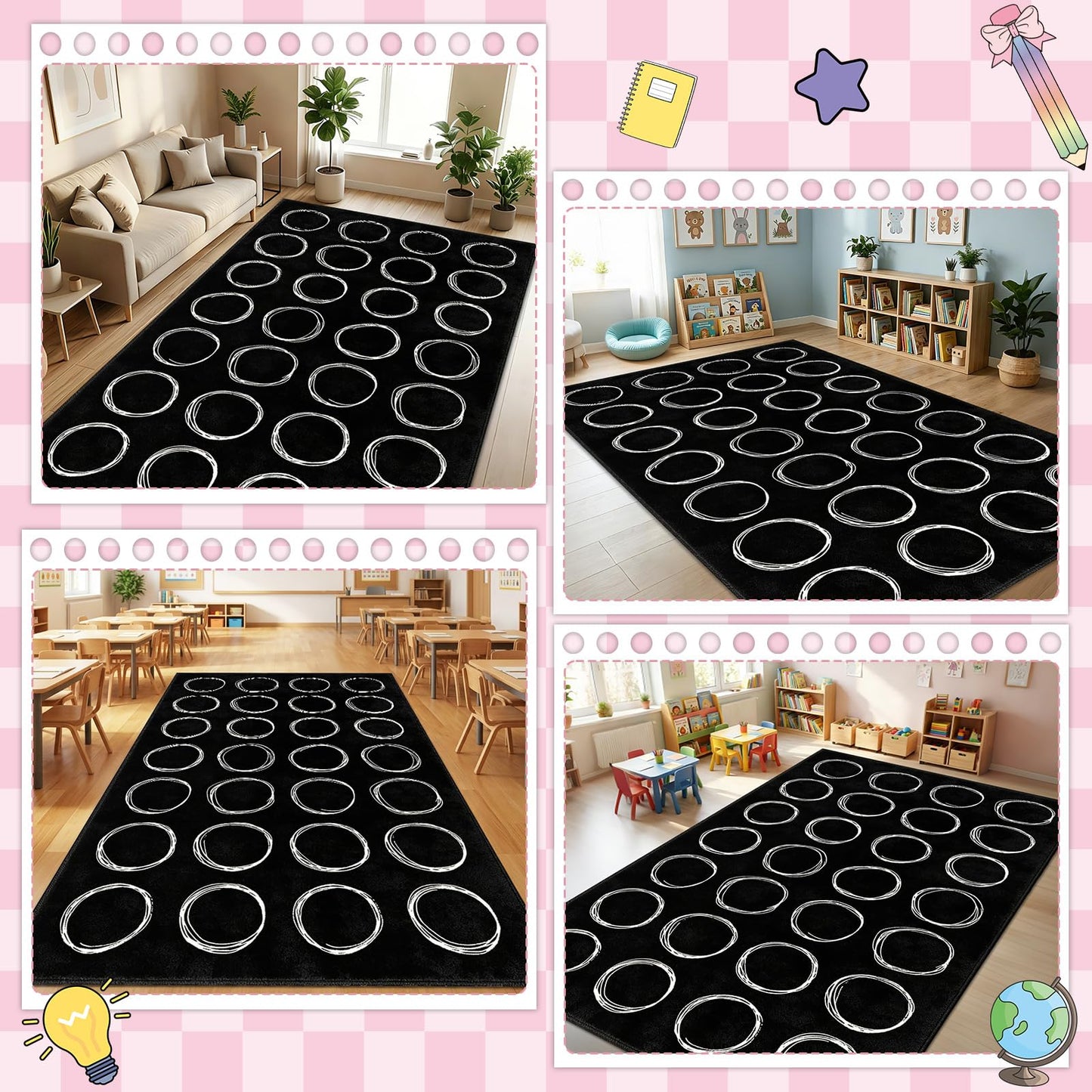 7.6x12 ft Large White Circles Abstract Classroom Rug Black and White Educational Area Mat Circle on Black Play Carpet Back to School Learning Mat for Preschool Playroom Nursery Kindergarten(Circles)