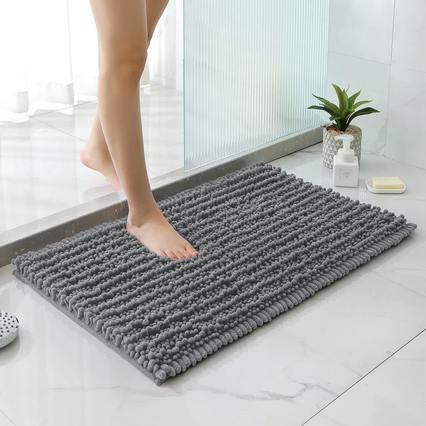 HOMEIDEAS Bathroom Rug 20x32 inch, Striped Chenille Super Soft and Absorbent Bath Mat with Non Slip Pad, Grey