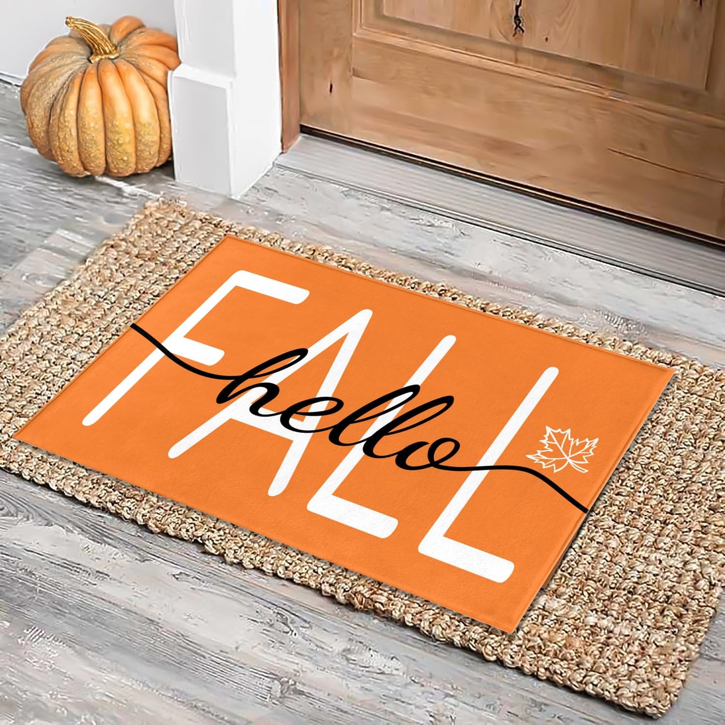 HANXIG Hello Fall Door Mat - Autumn Maple Leaf Doormat, 17 x 29 Inch, Non-Slip Rubber Backing, Washable Seasonal Welcome Rug for Indoor/Outdoor