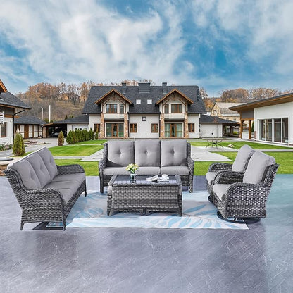 Rilyson Wicker Patio Furniture Set - 7 Piece Rattan Outdoor Sectional Conversation Sets with 2 Rocking Swivel Chairs,2 Ottomans,2 Sofa and 1 Coffee Table for Porch Deck Garden(Mixed Grey/Grey)