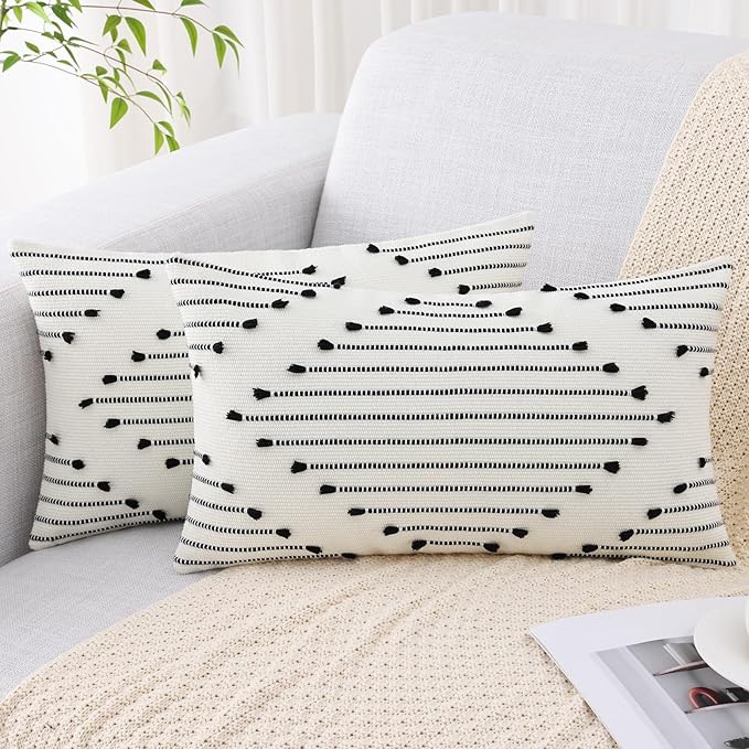 Mecatny Boho Outdoor Throw Pillow Covers 12X20 Set of 2, Farmhouse Lumbar Pillow Covers for Couch Sofa Living Room, Black & Cream White