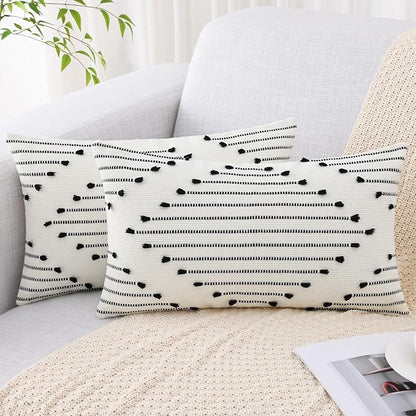 Mecatny Boho Outdoor Throw Pillow Covers 12X20 Set of 2, Farmhouse Lumbar Pillow Covers for Couch Sofa Living Room, Black & Cream White