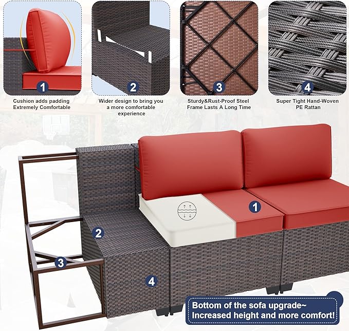 Kurapika 14 Pieces Patio Furniture Set, Rattan Wicker Outdoor Conversation Sets w/4 Inch Cushion and Glass Coffee Table(Red)