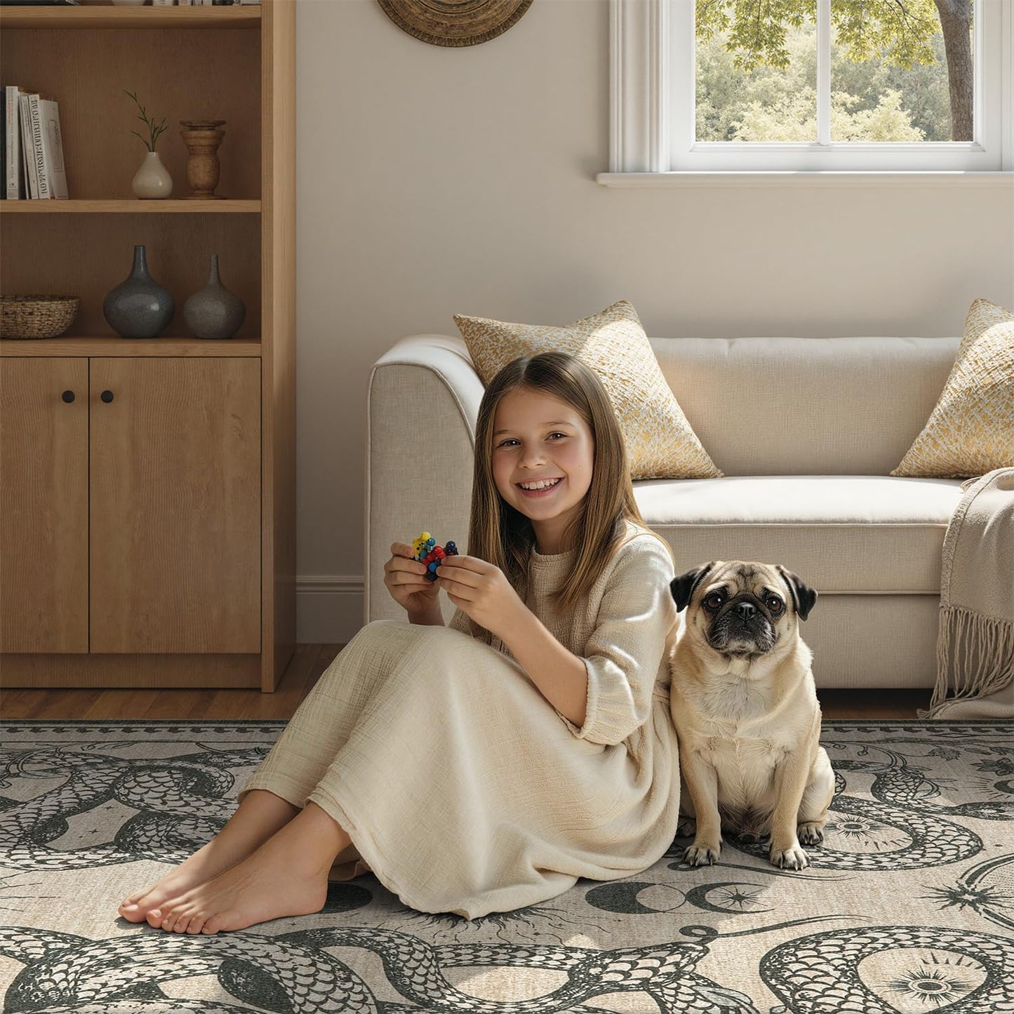 DCX Washable 2x6 Snake Runner Rug, Beige Gothic Rug for Living Room, Soft Low Pile Carpet, Kid & Pet Friendly with Rubber Back Non Slip, Stain Resistant Rug for Bedroom Dining Room Office