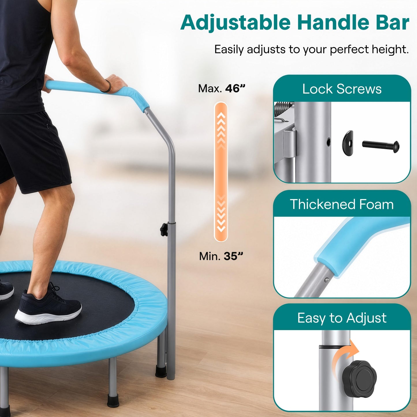 SereneLife 40" Foldable Mini Trampoline - Compact Fitness Trampoline for Kids Adults, Exercise Rebounder with Adjustable Foam Handle, Indoor/Garden Workout Equipment, Max Load 200 lbs, Sky Blue