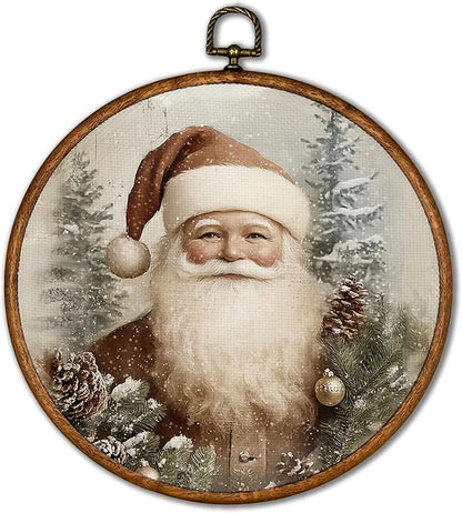 KSDUT Vintage Santa Claus Wall Decor Art - Retro Christmas Wall Art Canvas Frame Hanging Prints, Merry Christmas Xmas Holiday Round Wall Art Decor for Home Farmhouse Decorations 10"x10"
