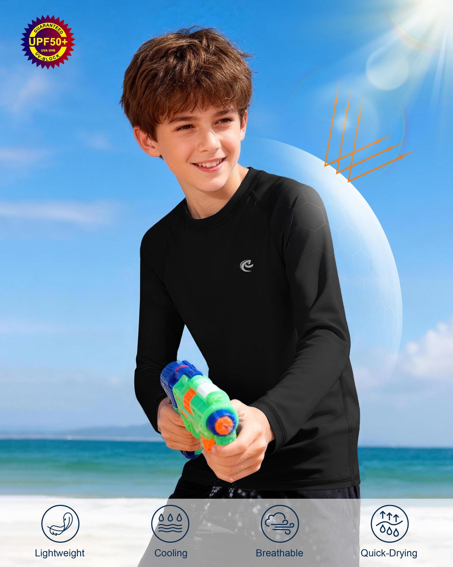 Boys UPF 50+ Swim Shirt Long Sleeve, 1 or 2 Pack UV Sun Protection Rash Guard, Youth Kids SPF Water Shirts for Beach Surf