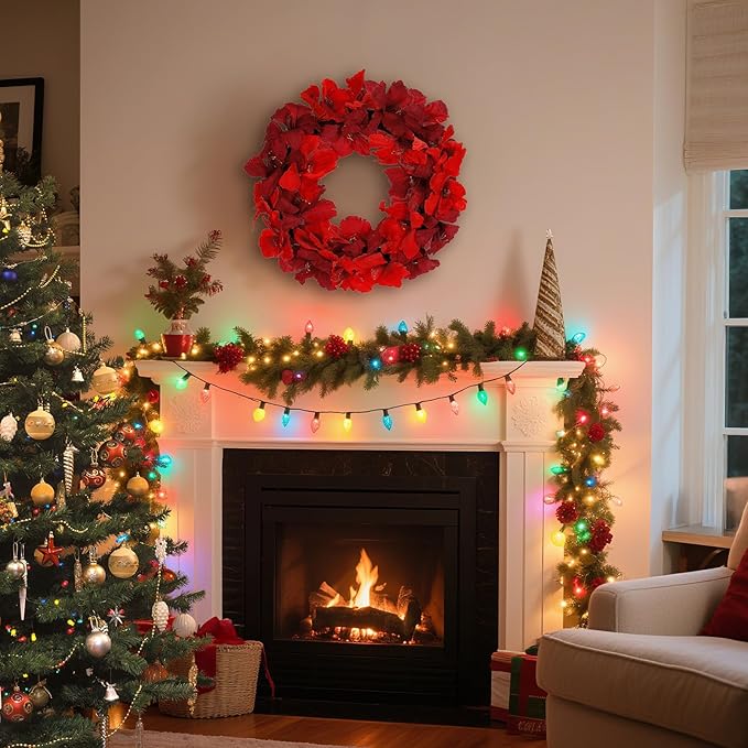 Christmas Wreath, 22-24 Inch Red Amaryllis Floral Wreath for Front Door, Winter Wreath Indoor Outdoor Holiday Decorations for Christmas Winter-unlit