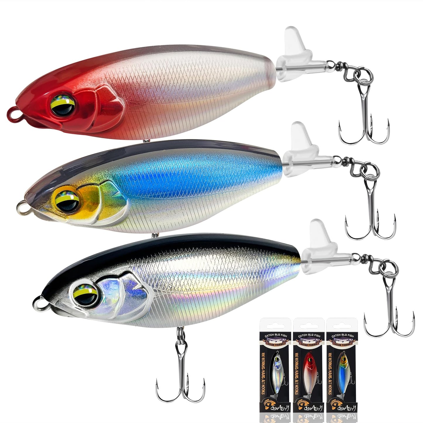 WWFIOO 3-Pack Propeller Tail Topwater Fishing Lures – Floating Popper Crankbait with 3D Eyes, UV Coating, Sound & Splash for Bass Trout Saltwater Freshwater Fishing (B)