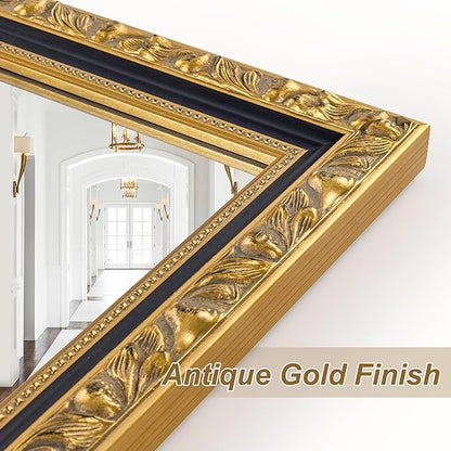 Large Vintage Decorative Mirror for Wall, 52'' x 28'' Gold Antiuqe Living Room Mirror with Black Gold Frame, Traditional Vintage Gold Wooden Mirrors, Horizontal/Vertical