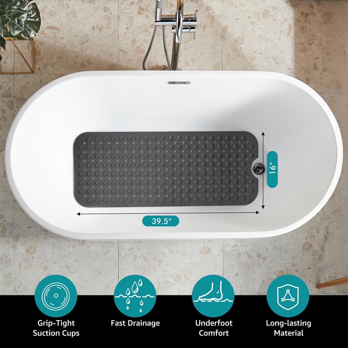 WarmSnow（TPE） Long Bathtub Mat Non Slip 39.5 x 16 Inch, Inside Shower Mats with Suction Cups & Drain Holes, Soft TPE Bath Mat for Tub, Quick-Drain Bathroom Floor Mats, Dark Gray