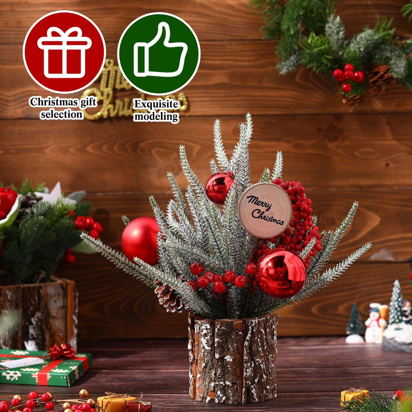 Zhehao Mini Tabletop Christmas Tree 12'' Small Artificial Christmas Tree Centerpiece Wooden Potted Plant with Red Ball Berry Pine Cone Merry Christmas Decor for Christmas Winter Shelf Table Home